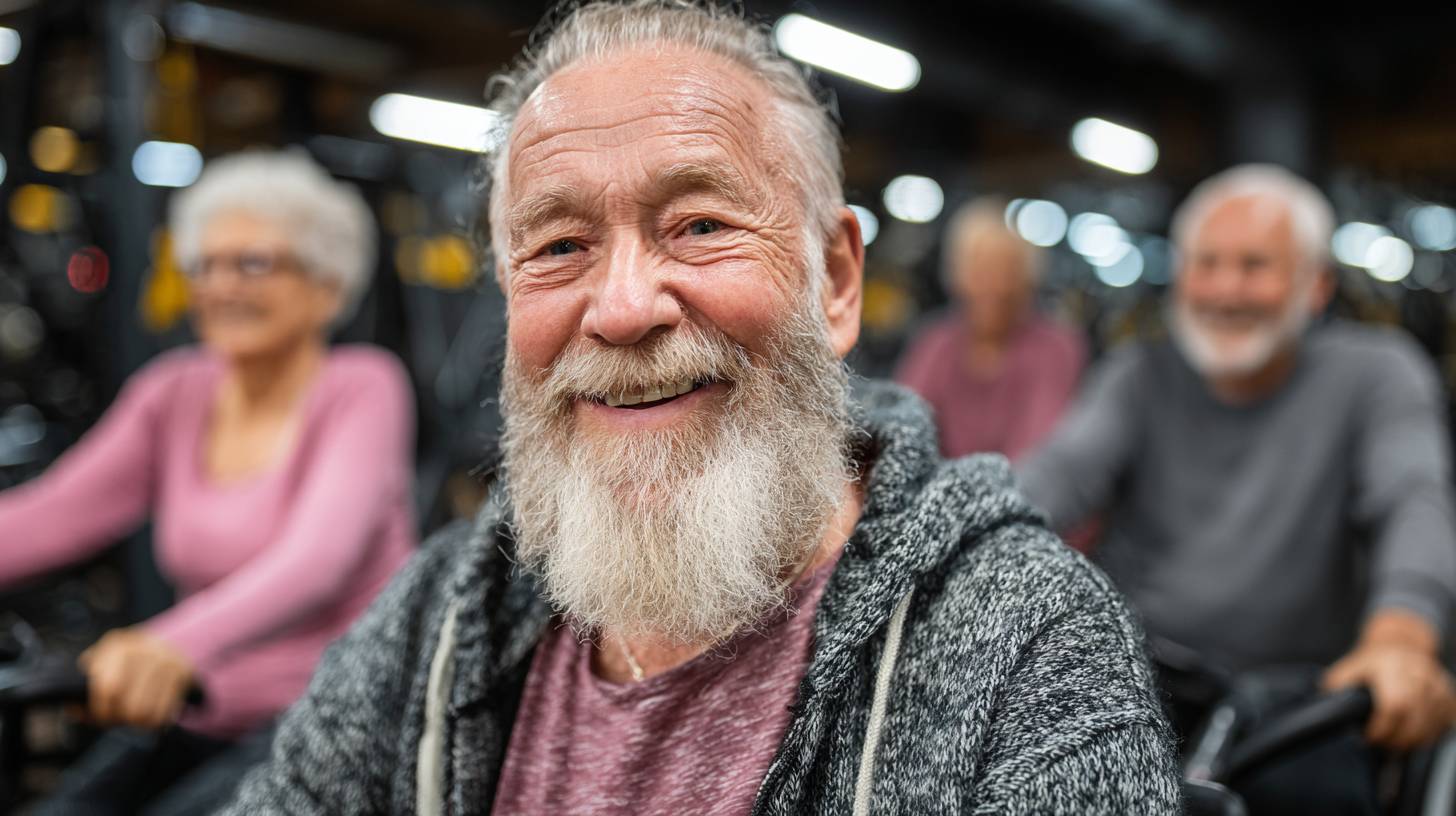 Старші люди займаються йогою серед природи в парку